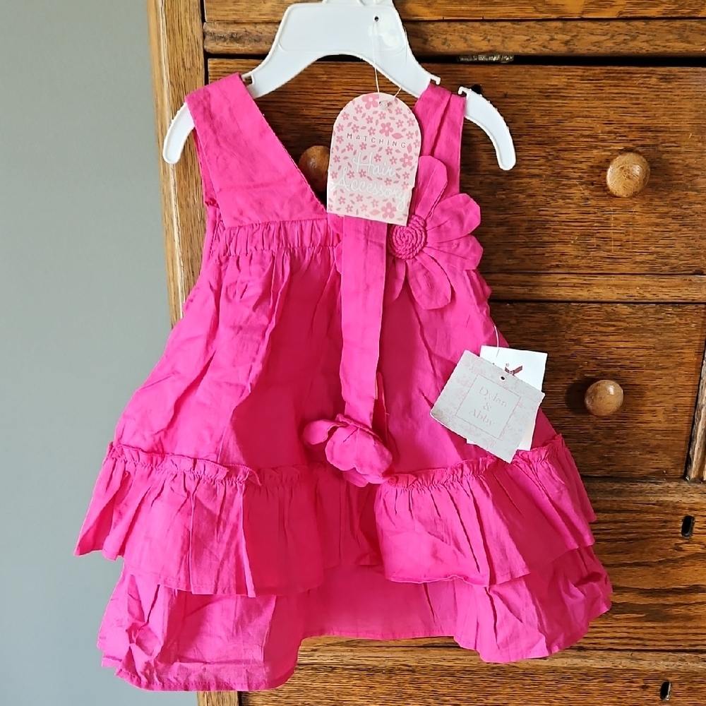 🌿 Pink Ruffled Girls Dress With Matching Bottoms & Headband, Size 9 Months
